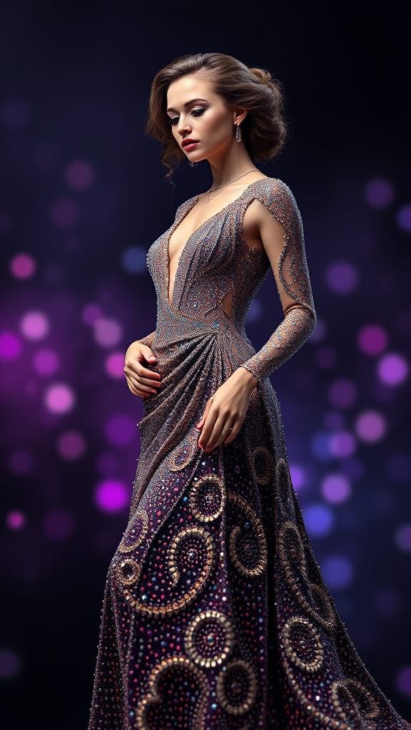 a beautiful lady wearing a dress constructed completely out of Mandelbrot and fractal art (open prompt)....