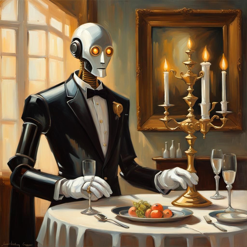 A serving Butler Robot, at a posh dinner party, in full tail...
