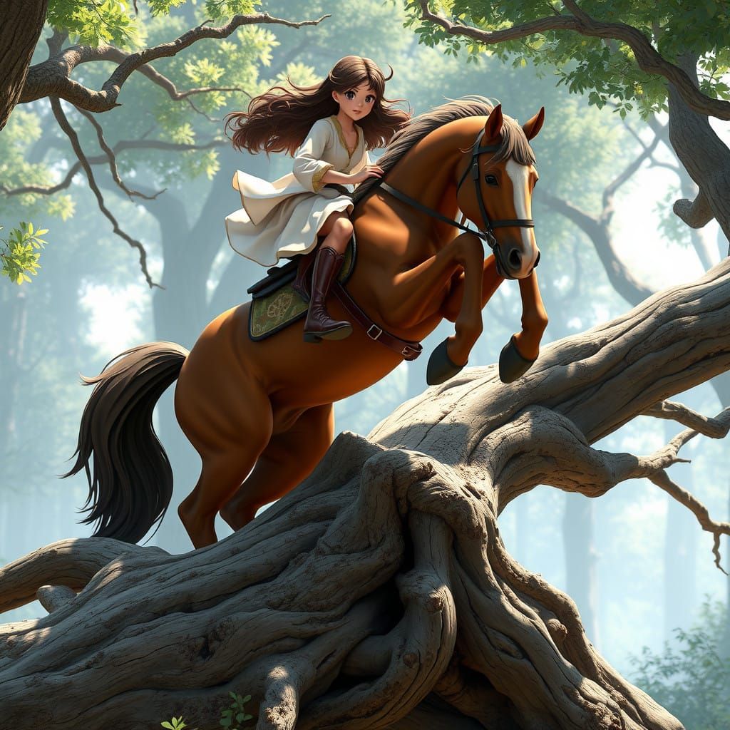 Girl Riding Brown Horse Leaping Over Fallen Tree