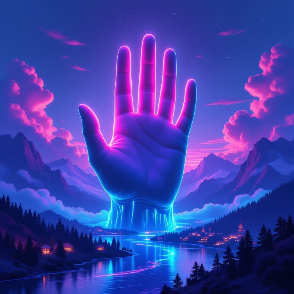 Giant Neon Hand Emerges Over Surreal Landscape