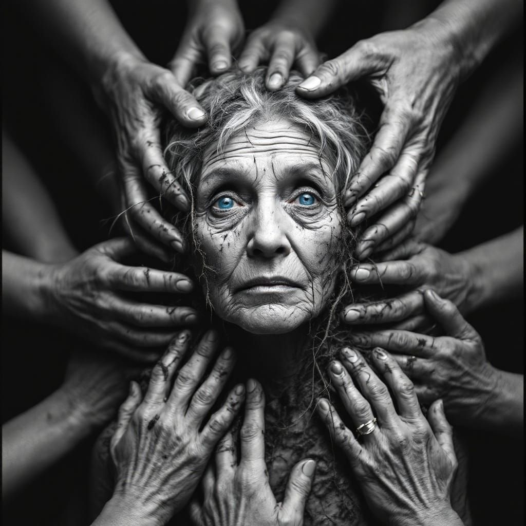 Aged Woman's Resilience in Monochrome with Blue Eyes