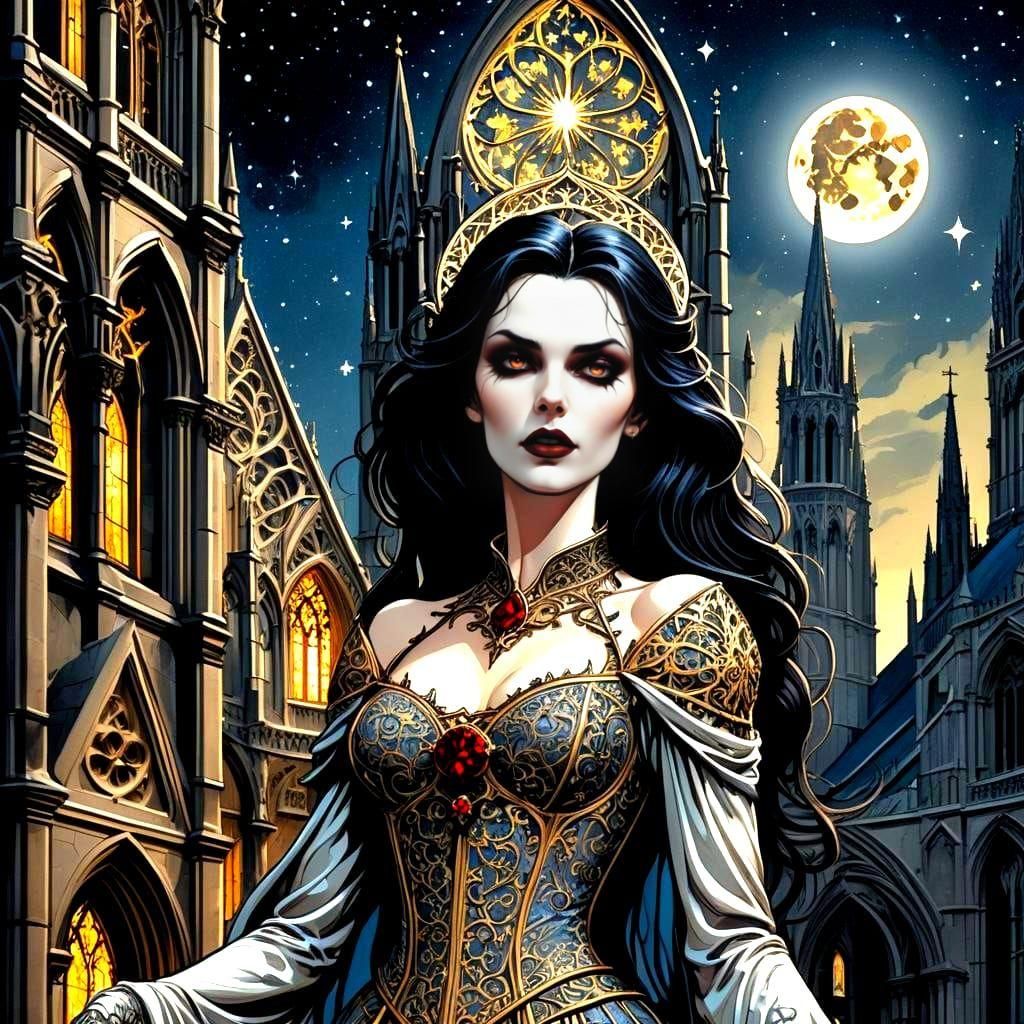 Vampire Woman on Gothic Cathedral, Comic Book Art