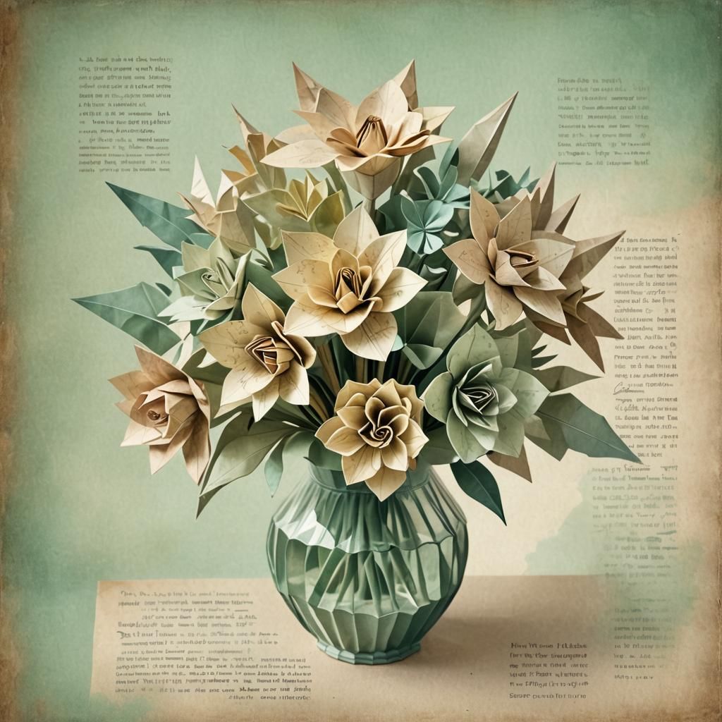 Origami Book Page Flowers in Watercolor Style