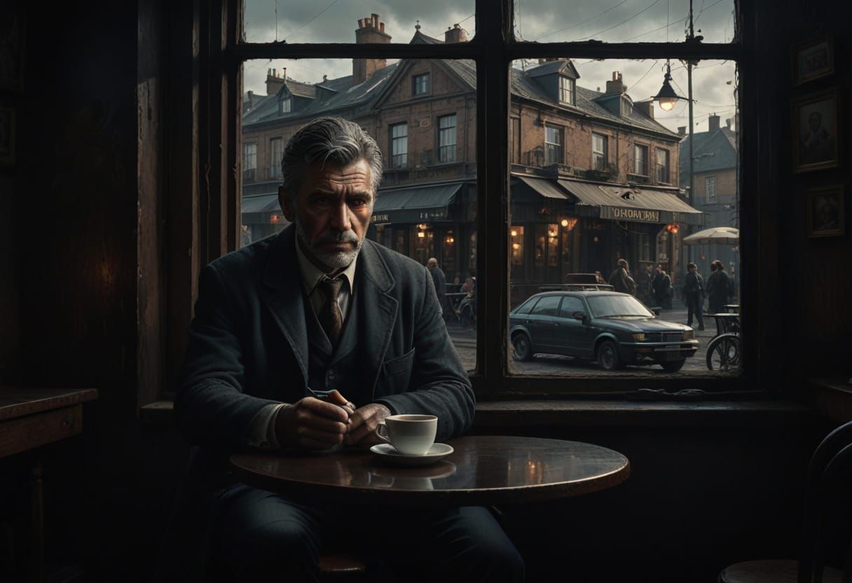 Man Sips Coffee in Dark, Cinematic Cafe