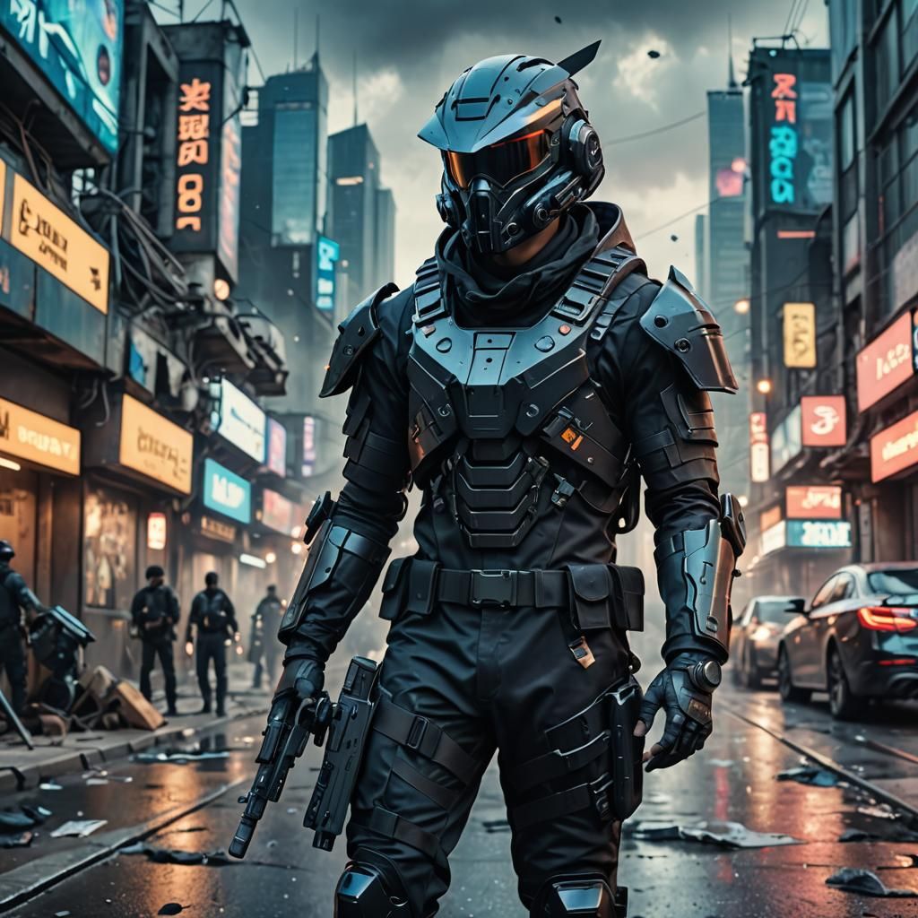 Cyberpunk Soldier in Crow Helmet