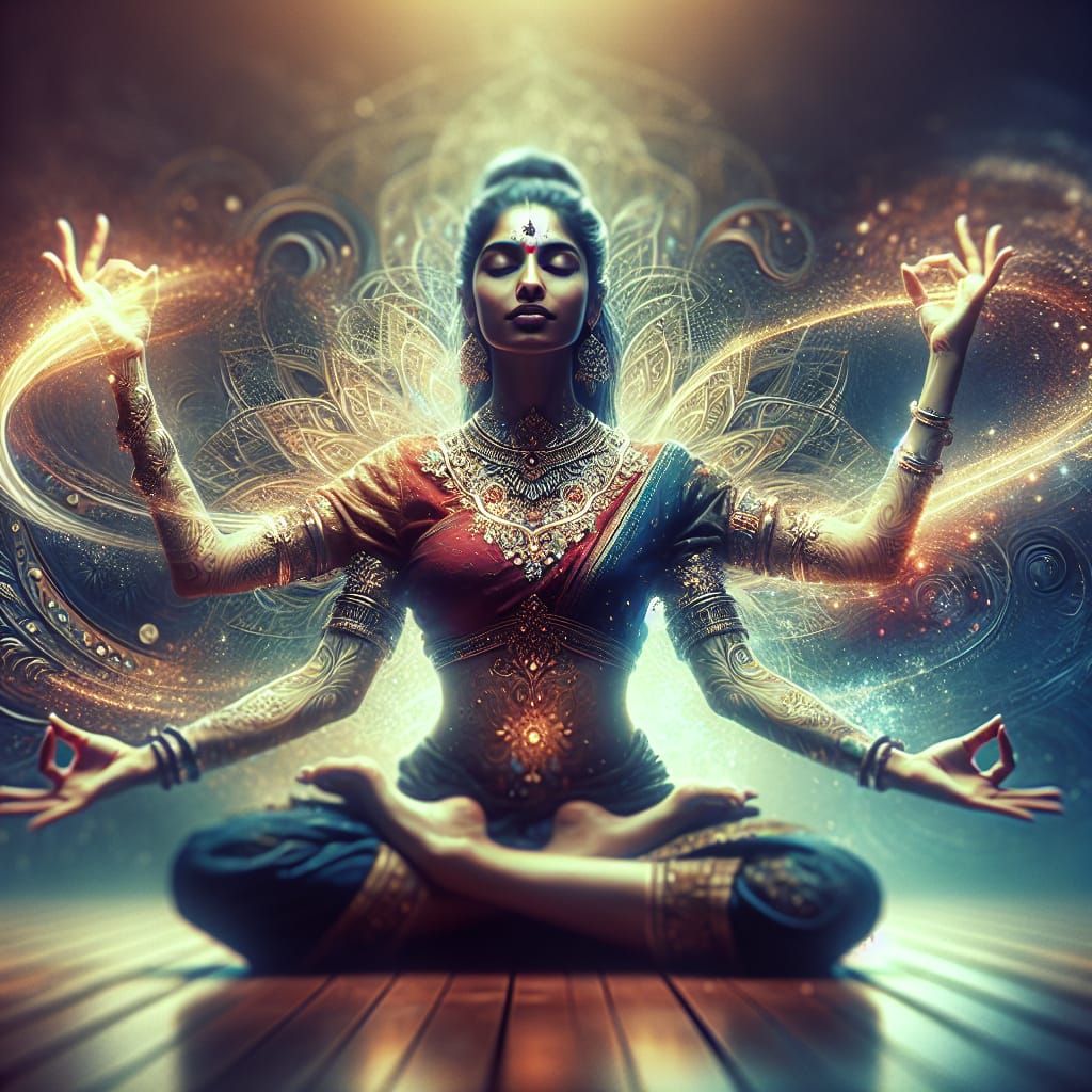 Meditative Woman in Lotus Pose with Cosmic Energies