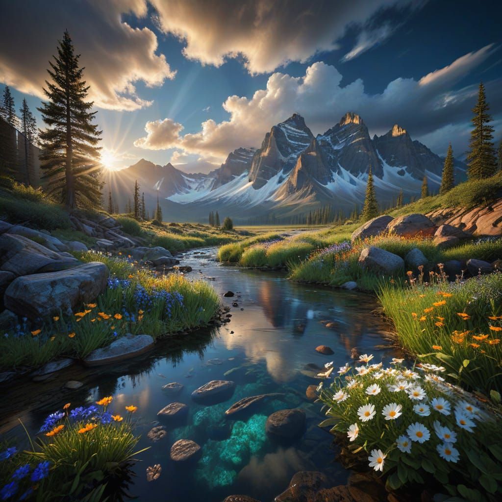 Serene Hyperrealistic Landscape in Warm Sunny Light