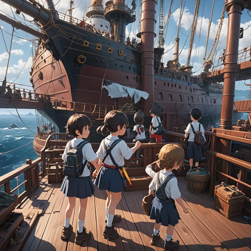Children Playing on Ship: 3D Anime Art
