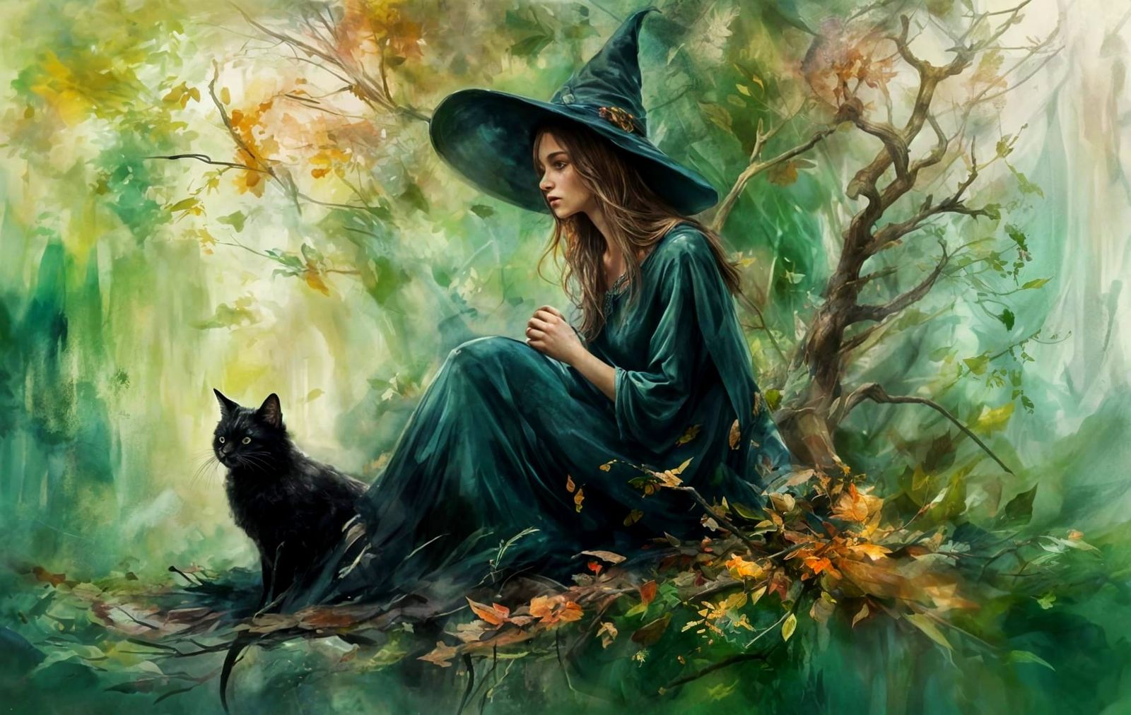 Ethereal Witch with Rainbow Wings in Enchanted Forest