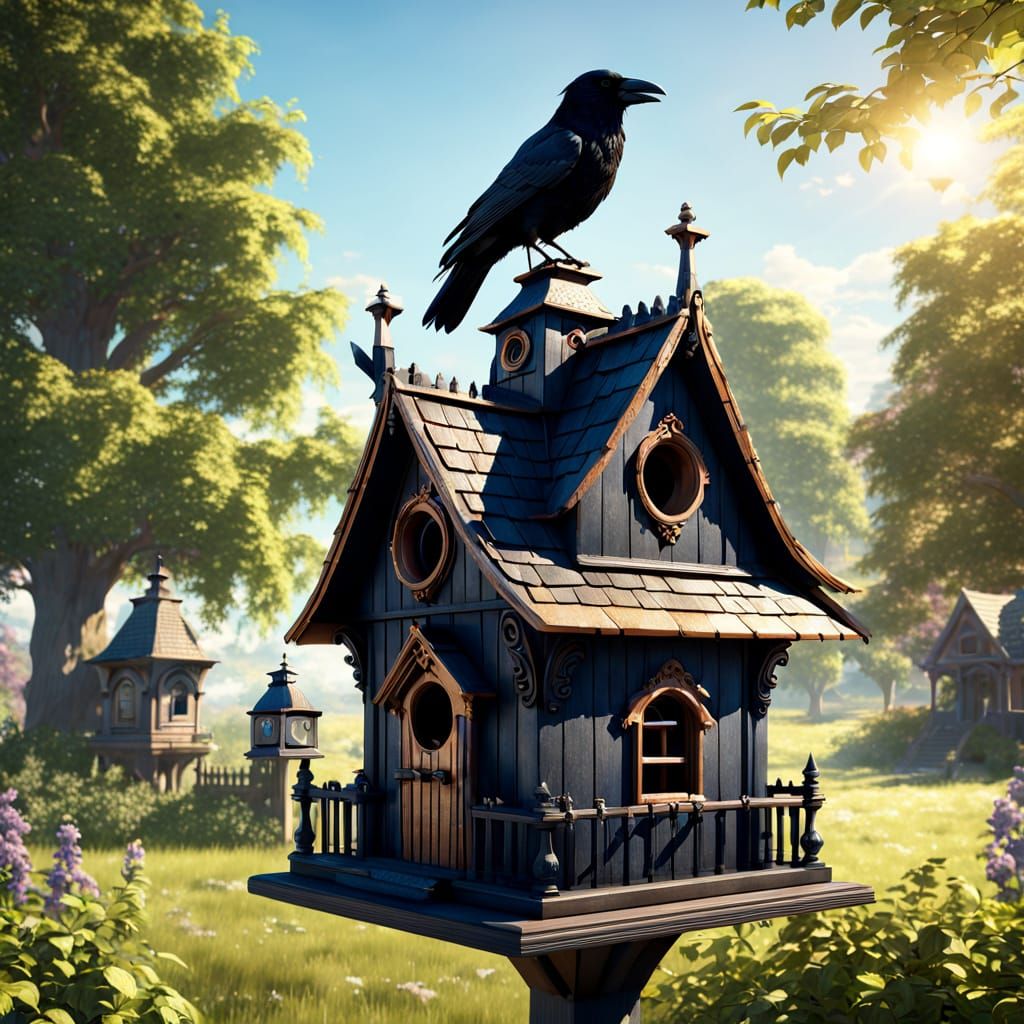 Victorian Birdhouse with Raven in Photorealistic Style