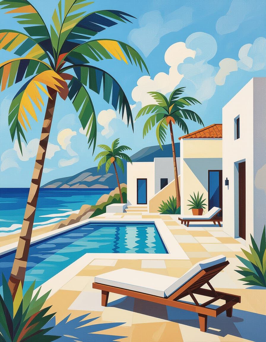 Minimalist Art Houses by Ocean Pool in Post-Impressionist St...