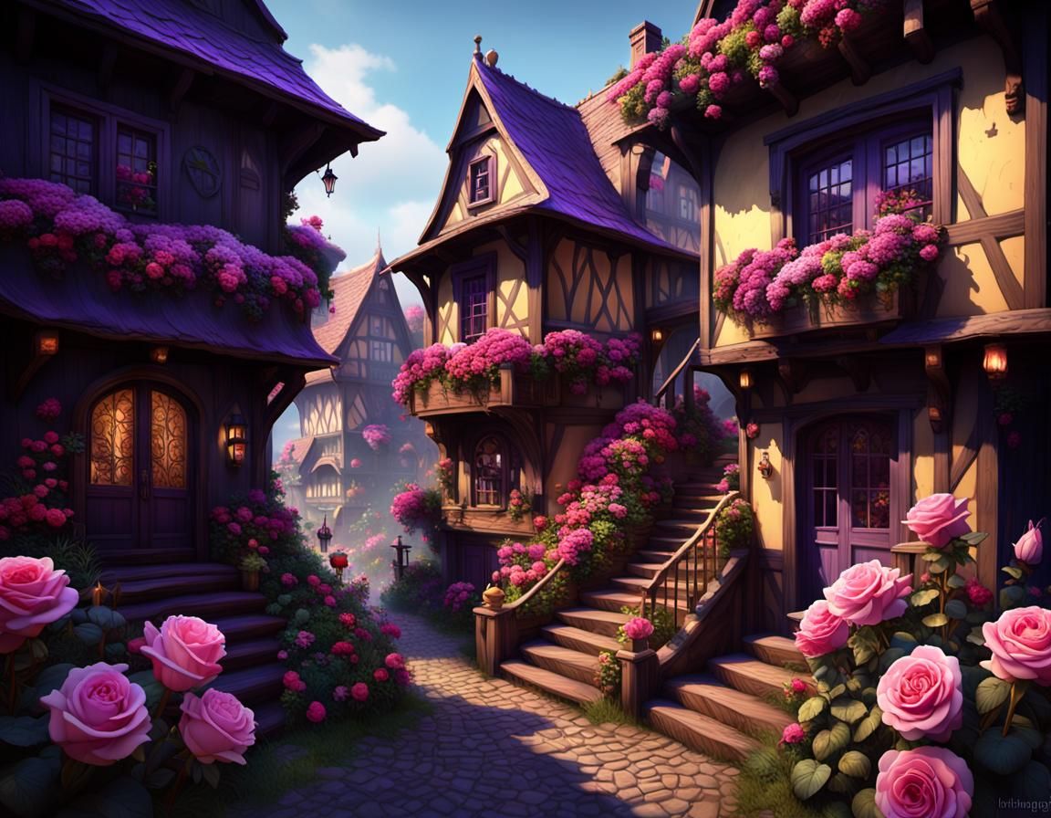 Chocolate Village with Roses, Hyperdetailed Dark Fantasy Art