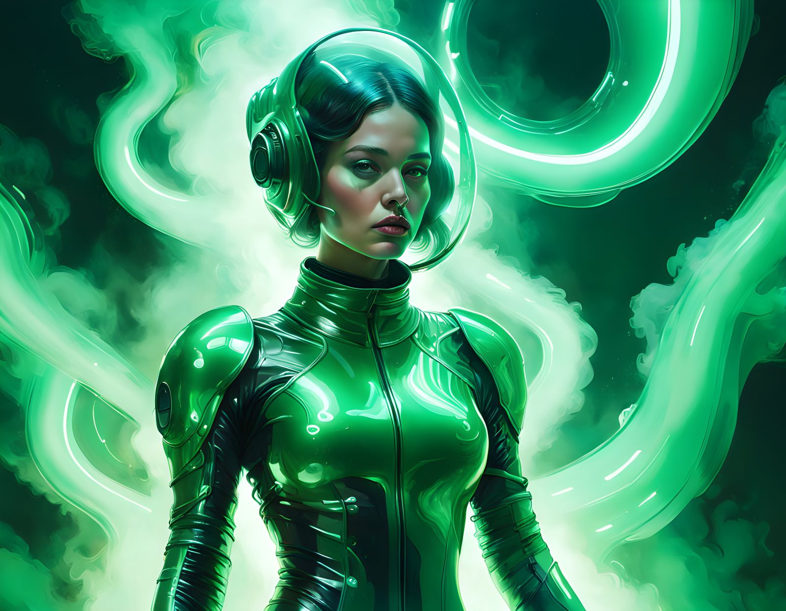 Futuristic Woman in Latex Space Suit Amidst Swirling Green S...