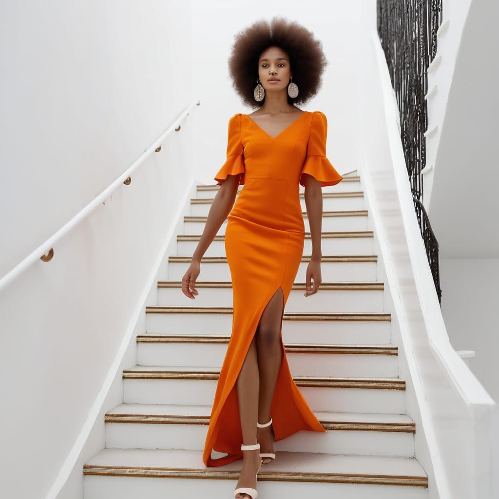 Exotic Afro-Brazilian Woman Descends White Staircase in Vibr...