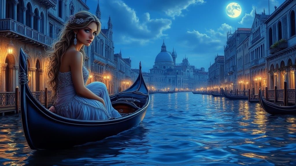 Venice Gondola Ride at Night in Surreal Style