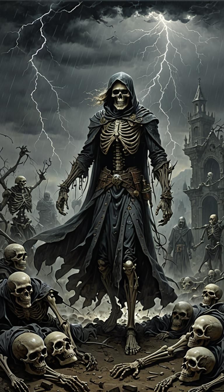 Necromancer Conjuring Skeletons in a Thunderstorm