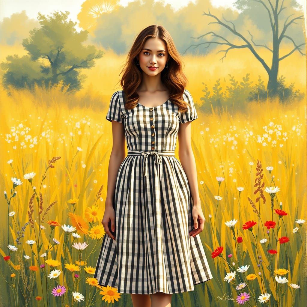 Whimsical Gingham Dress in a Sunny Meadow