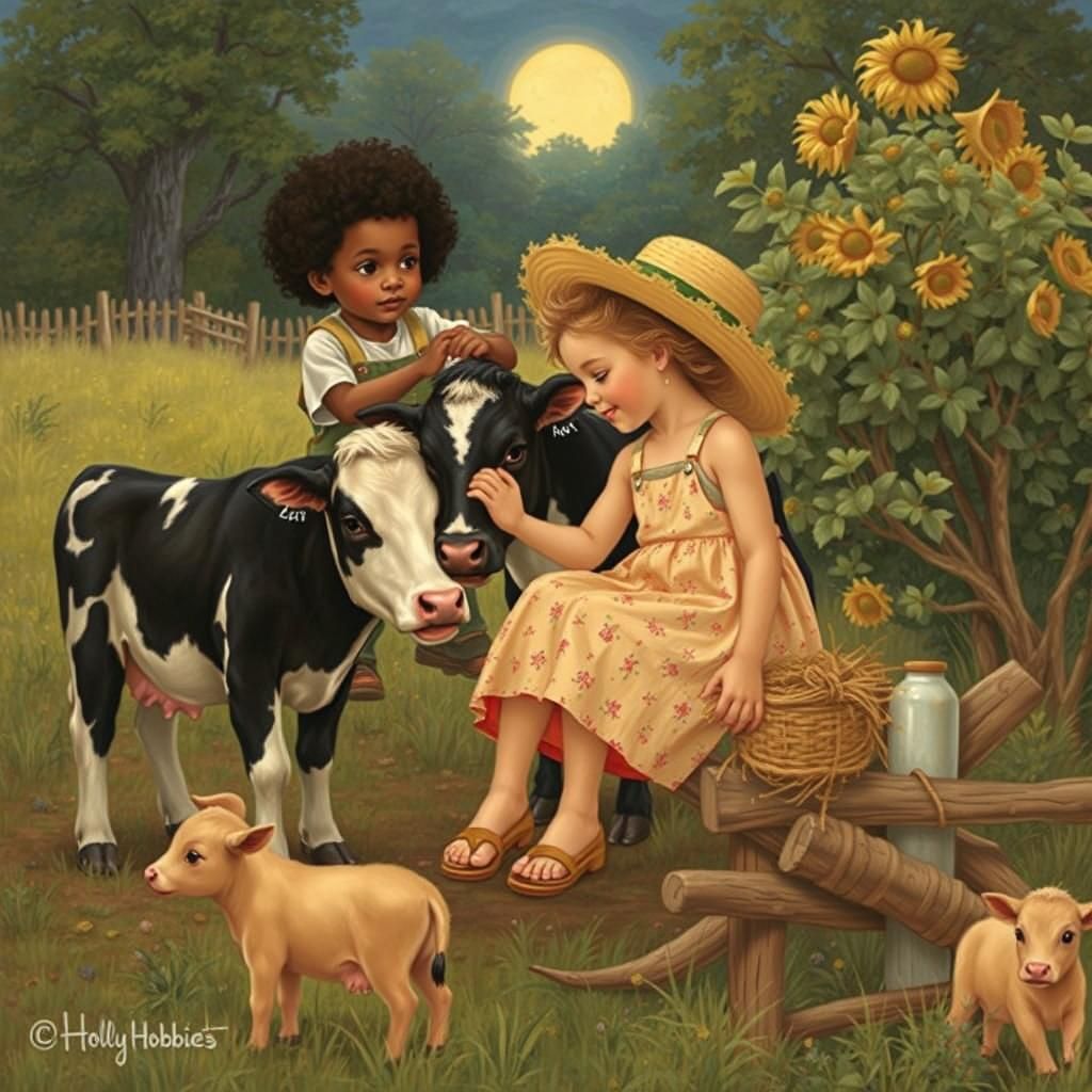 Toddler Siblings Pet Cows in Folk Art Style