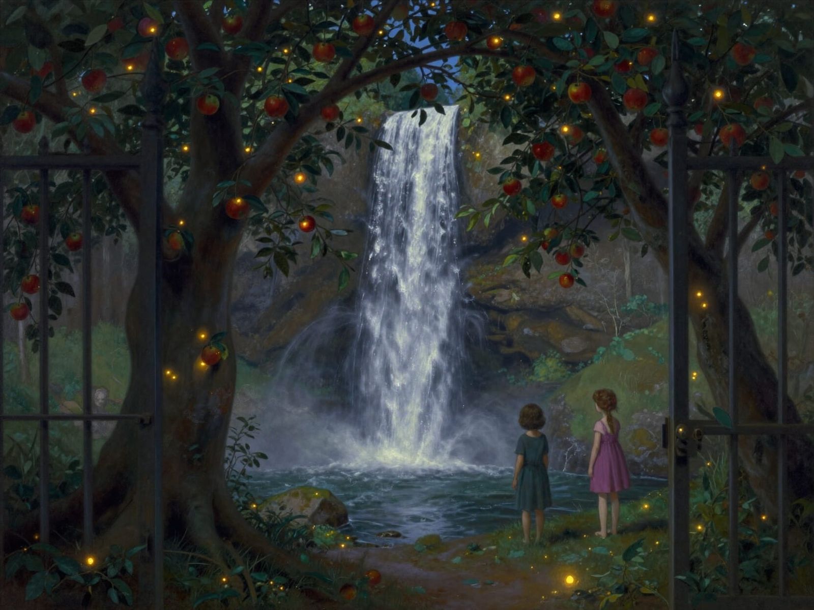 Hidden Waterfall at River Source Framed by Children