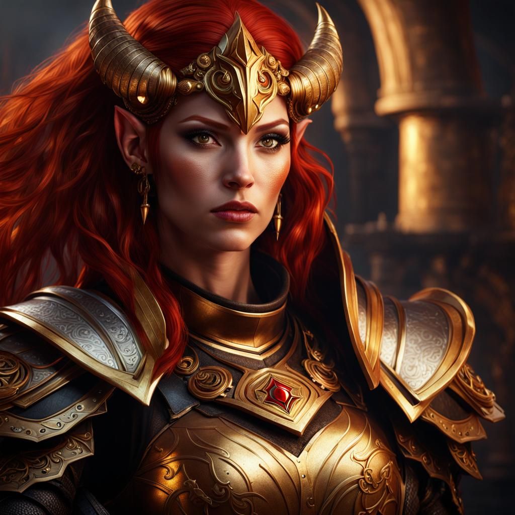 Tiefling Portrait with Gold Armor in Fantasy Art Style