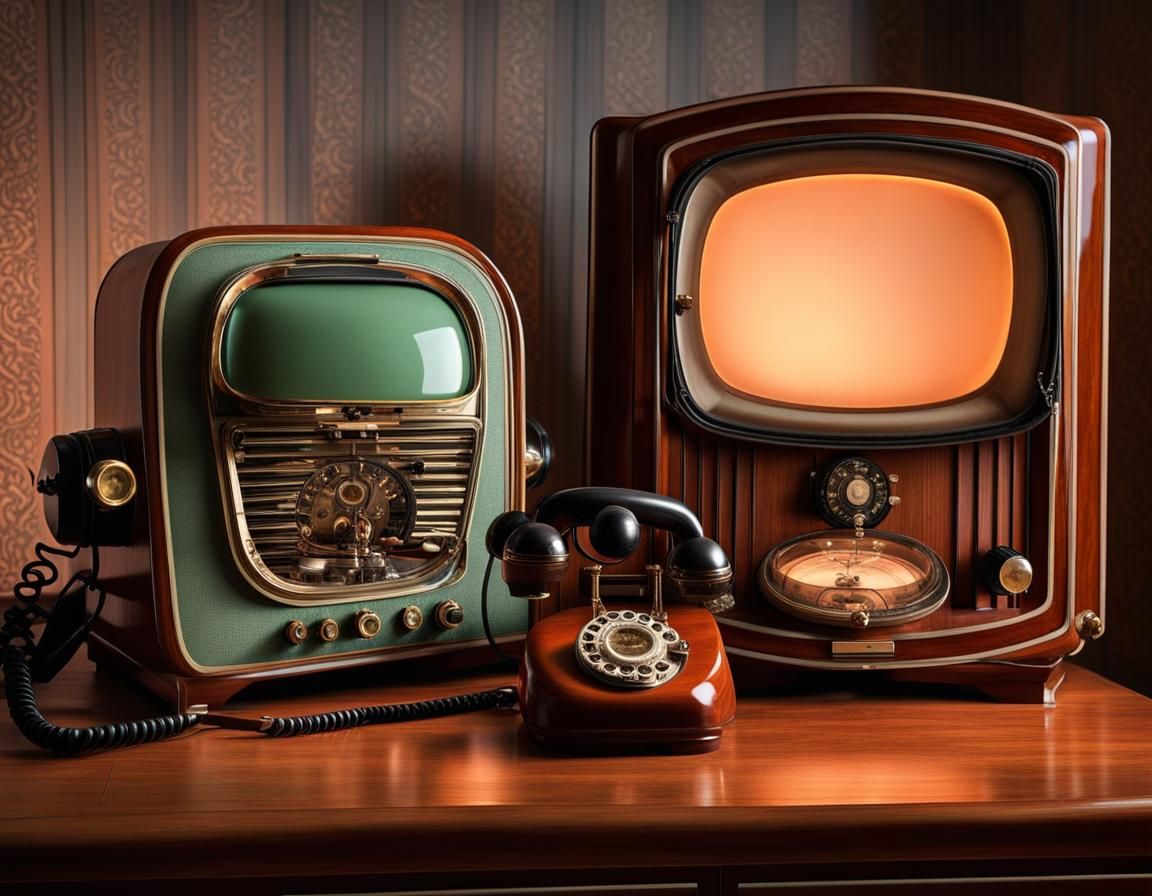 Vintage 1950s TV and Telephone at Magic Hour