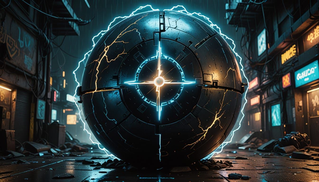 Glowing Ebon Orb in Cyberpunk Fantasy Scene