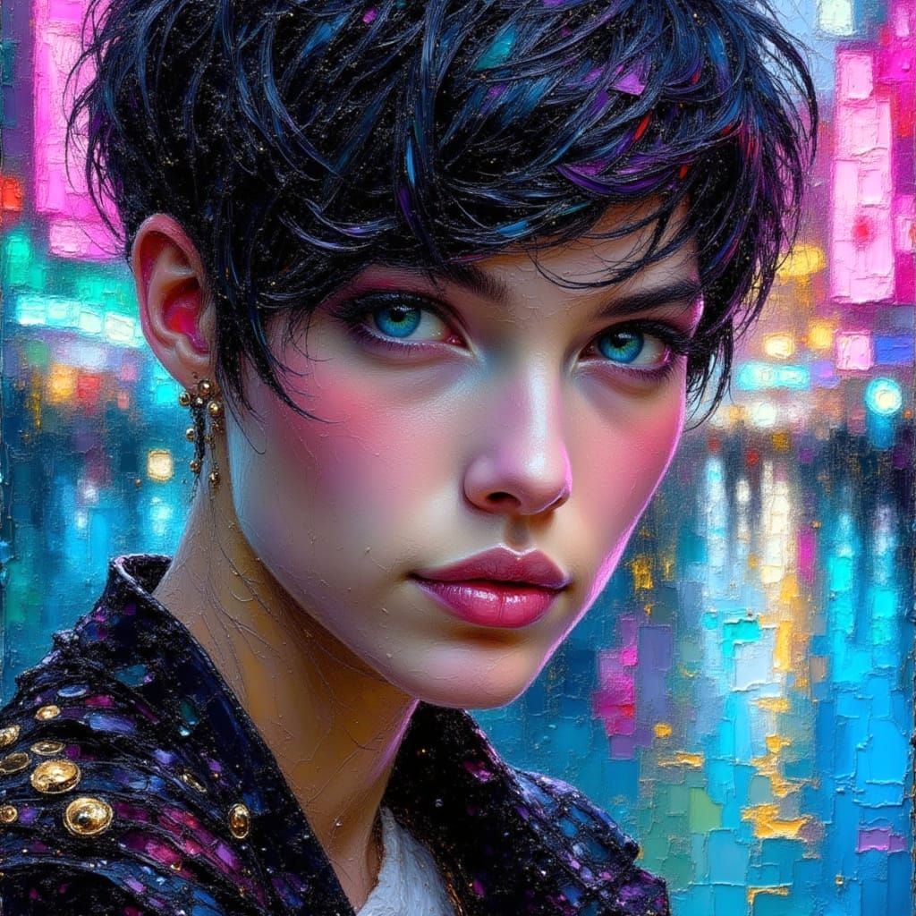 Neon Cityscape Oil Painting of a Beautiful Model