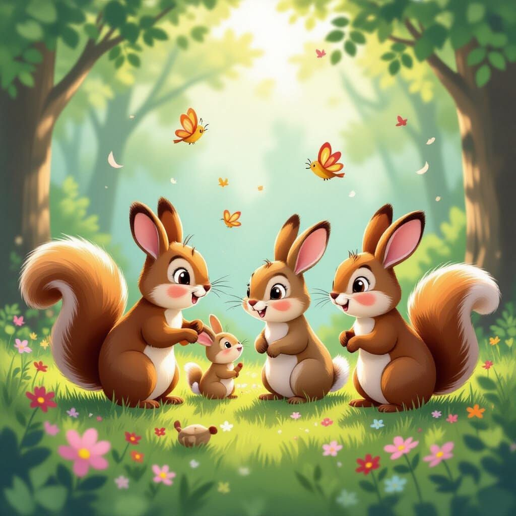 Woodland Creatures in Playful Kerfuffle, Storybook Style