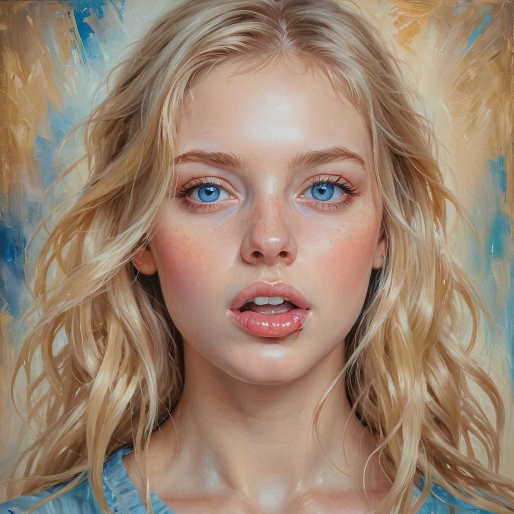 Blonde Girl Portrait with Blue Eyes as Oil Painting