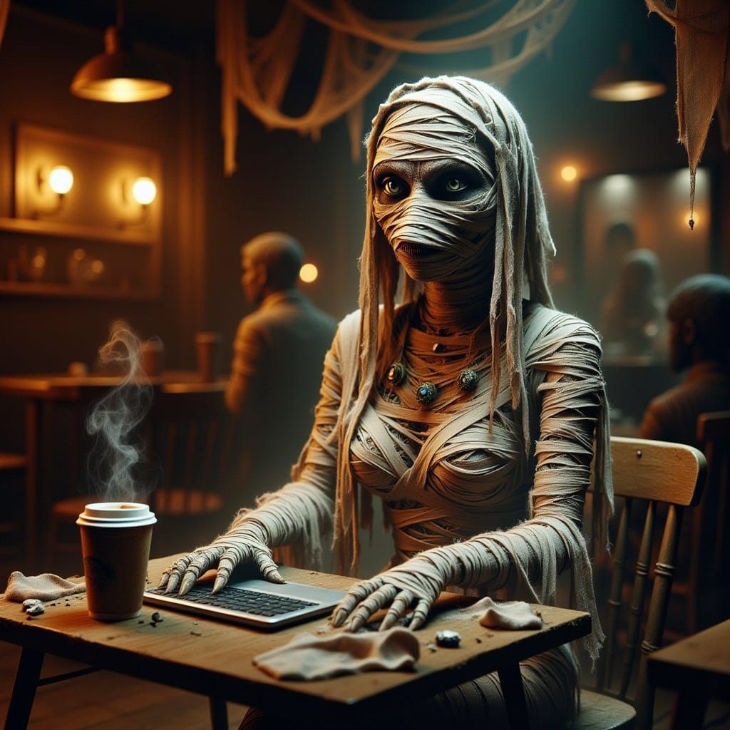 Elegant Mummy Works Amidst Bustling Starbucks Ambiance