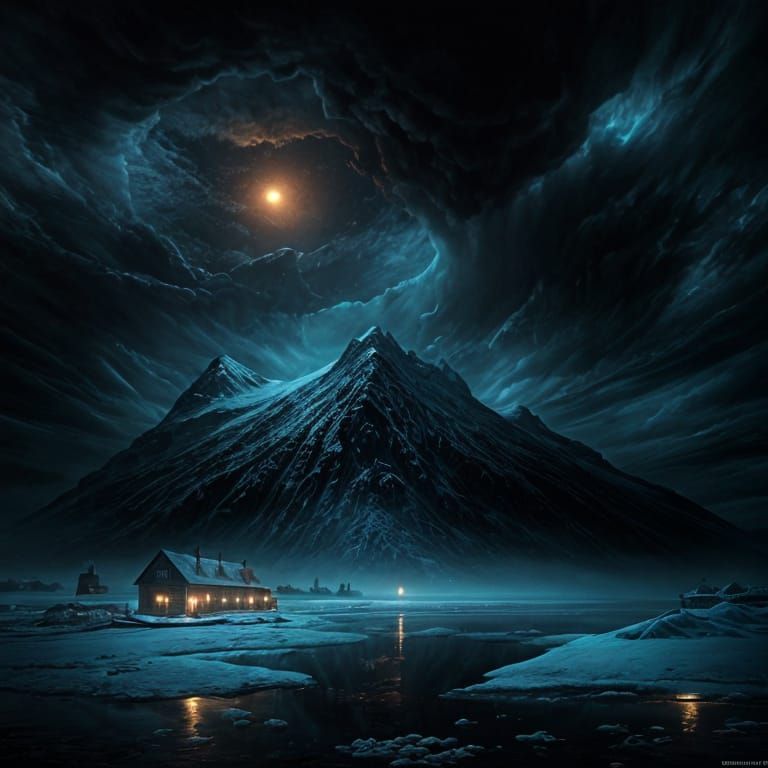 Red Houses in Antarctic Village Under Starry Sky