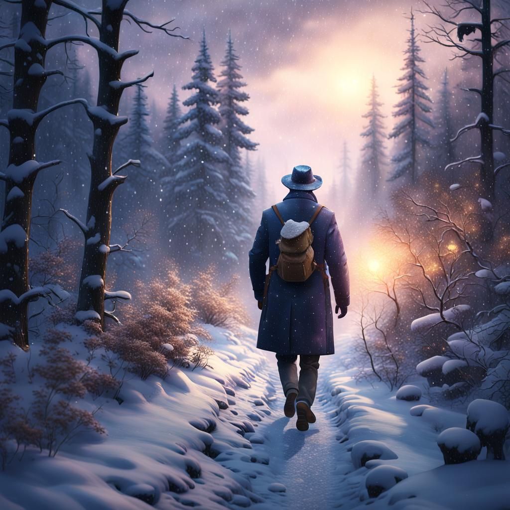 Man Walks Home Through Snowy Forest at Twilight