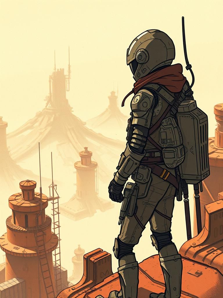 Sci-Fi Assassin Overlooking Outpost in Retro Style