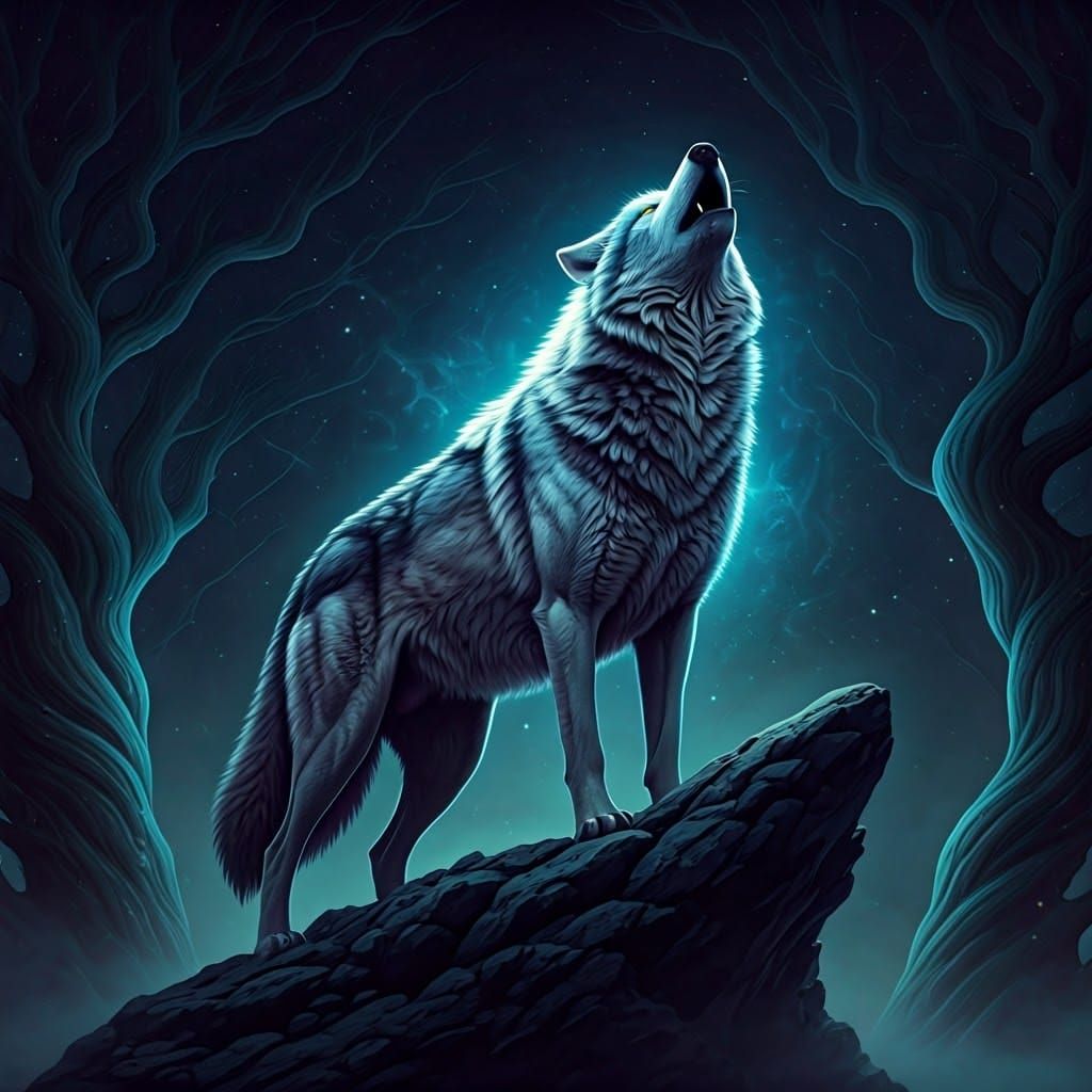 Regal Wolf Silhouetted Against Starry Night Sky