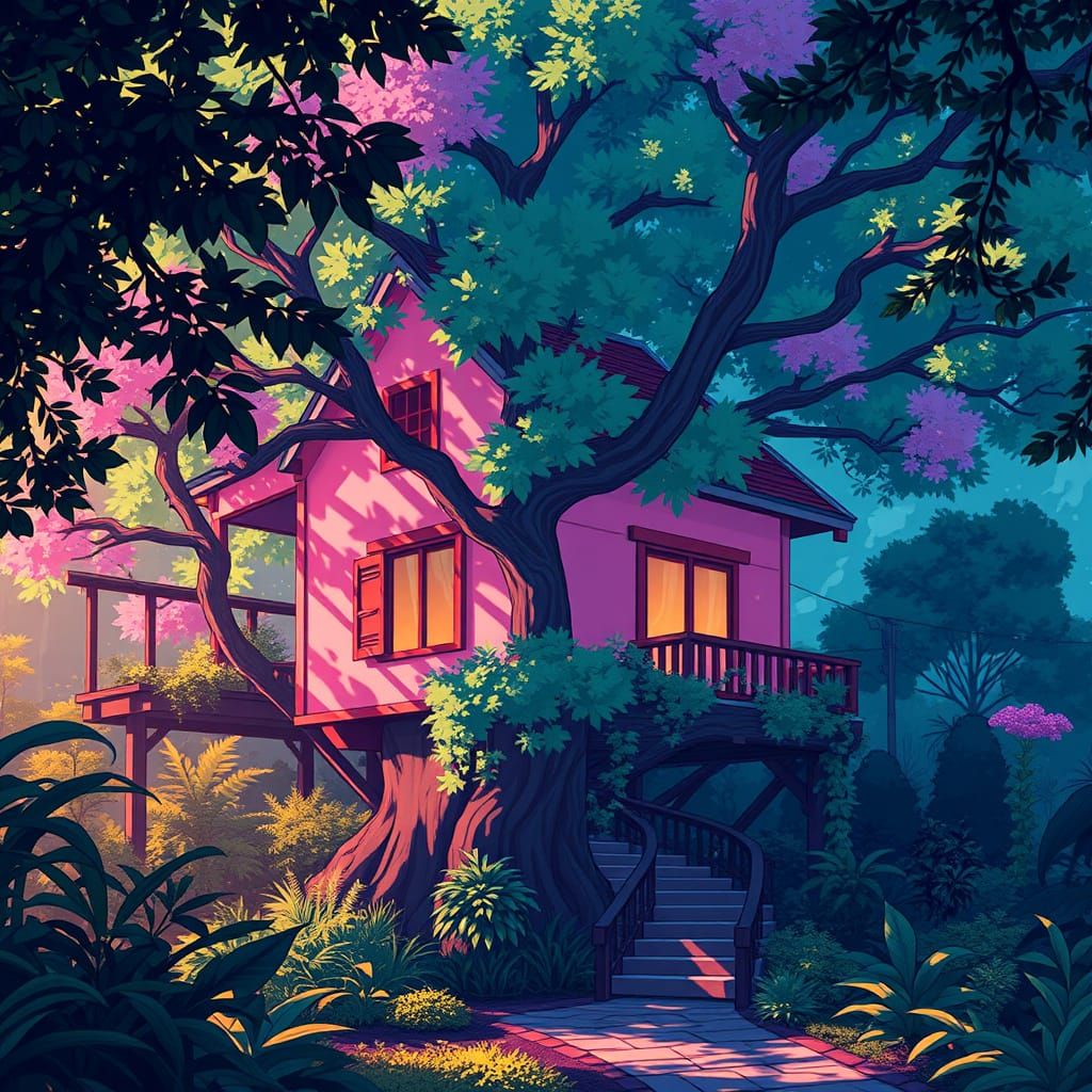 Vibrant Pink Treehouse in Manga Scan Style