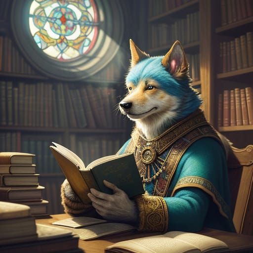 Whimsical Dog Reads Book in Cozy Library