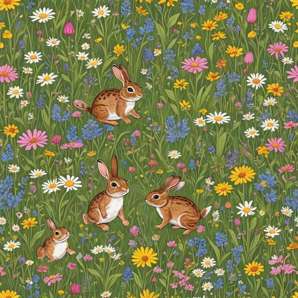 Rabbit and Frog in Wildflower Meadow