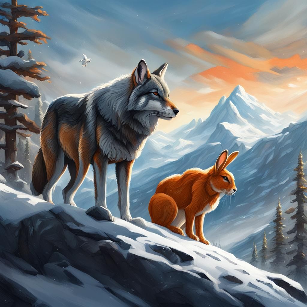 Wolf and Rabbit Stare-Down on Snowy Peak