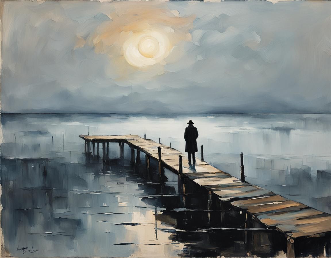 Figure on Crumbling Pier in Neo-Impressionist Style