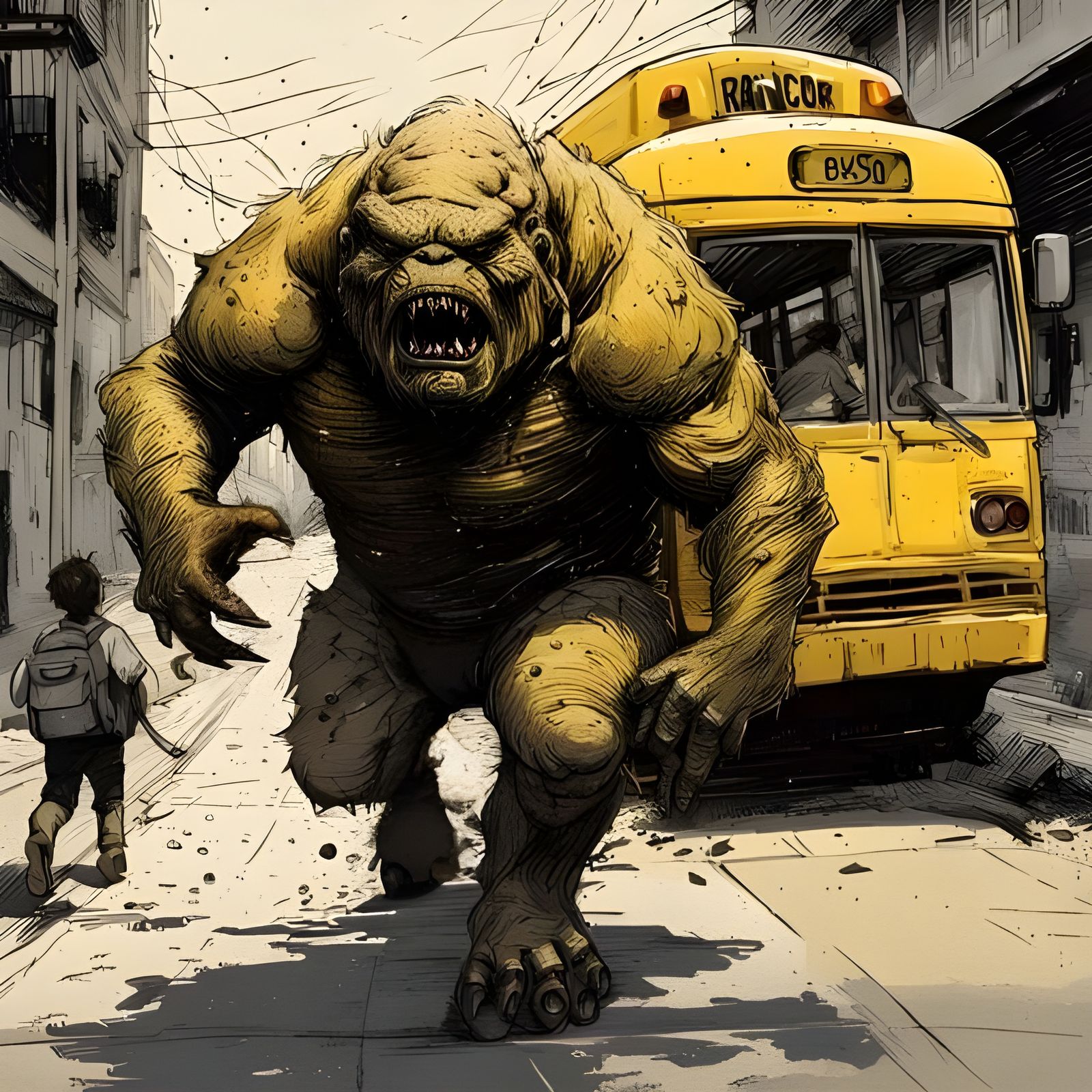 Rancor Monster Chasing School Bus, Splash Art
