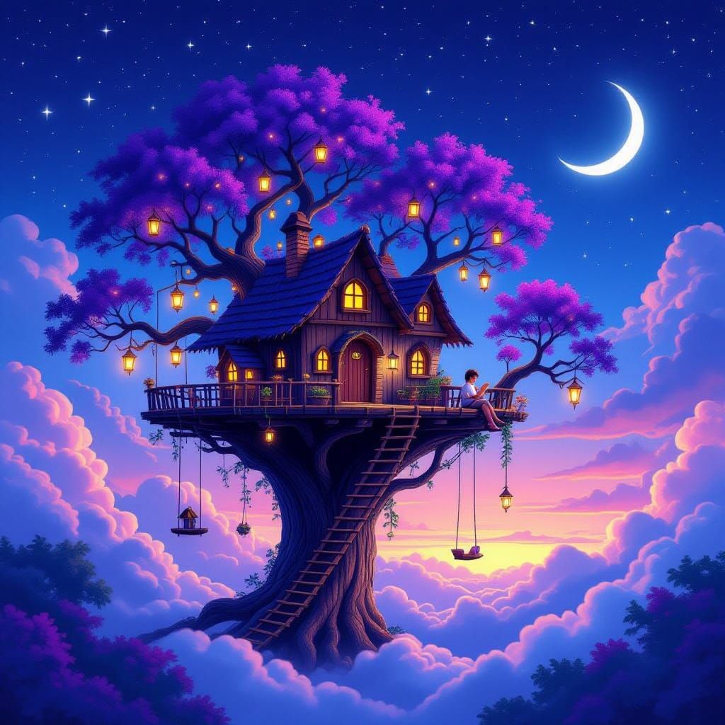 Whimsical Treehouse Floating Amidst Ancient Tree with Vibran...