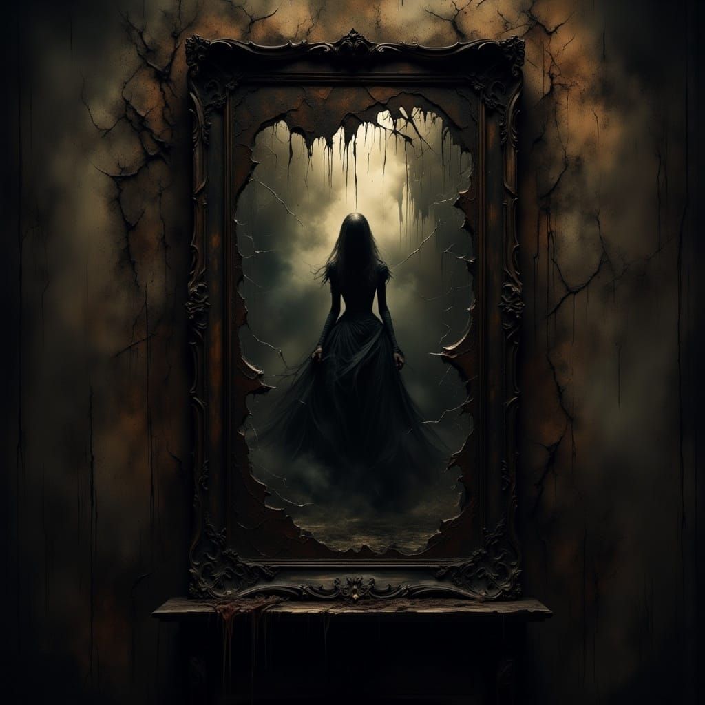 Sinister Shadows Reflected in Cracked Antique Mirror