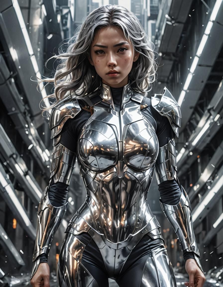 A hyper-realistic anime-style superheroine wearing liquid silver armor. The superheroine has an intense expression, and ...