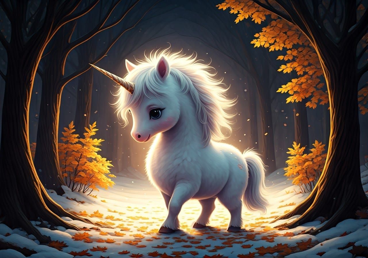 Pixelated Unicorn in Snowy Gold and Silver Forest