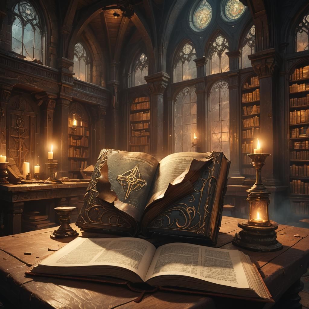 Mysterious Fang-Toothed Book on Ancient Pedestal