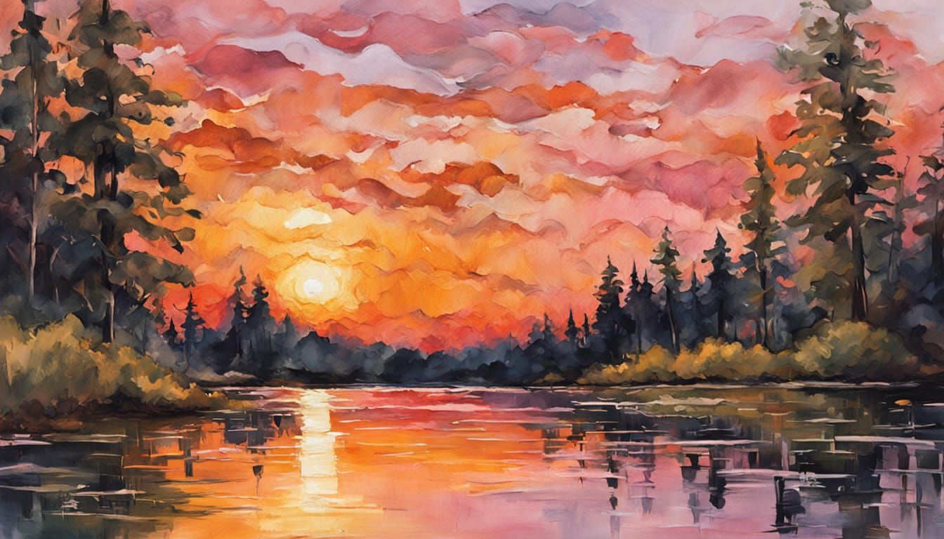 Gouache Sunset Over Forest Lake: Impressionist Masterpiece