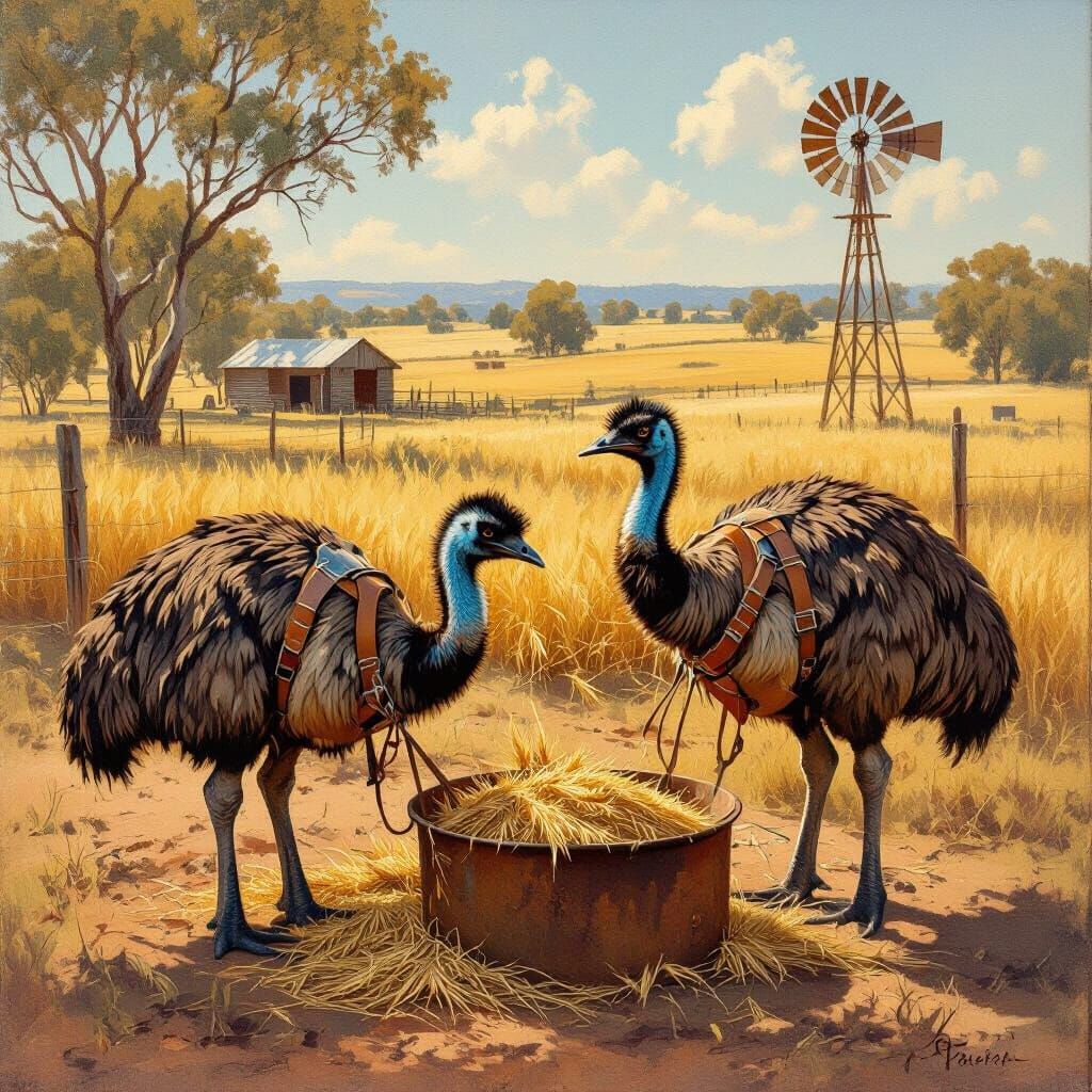 Emus Eating Wheat on Outback Farm in 1932