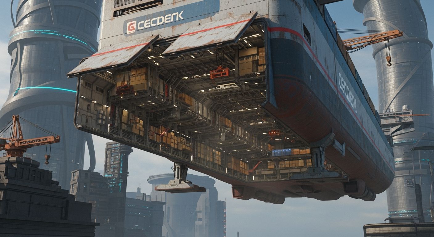 Cargo Ship Above Cyberpunk Alien Town
