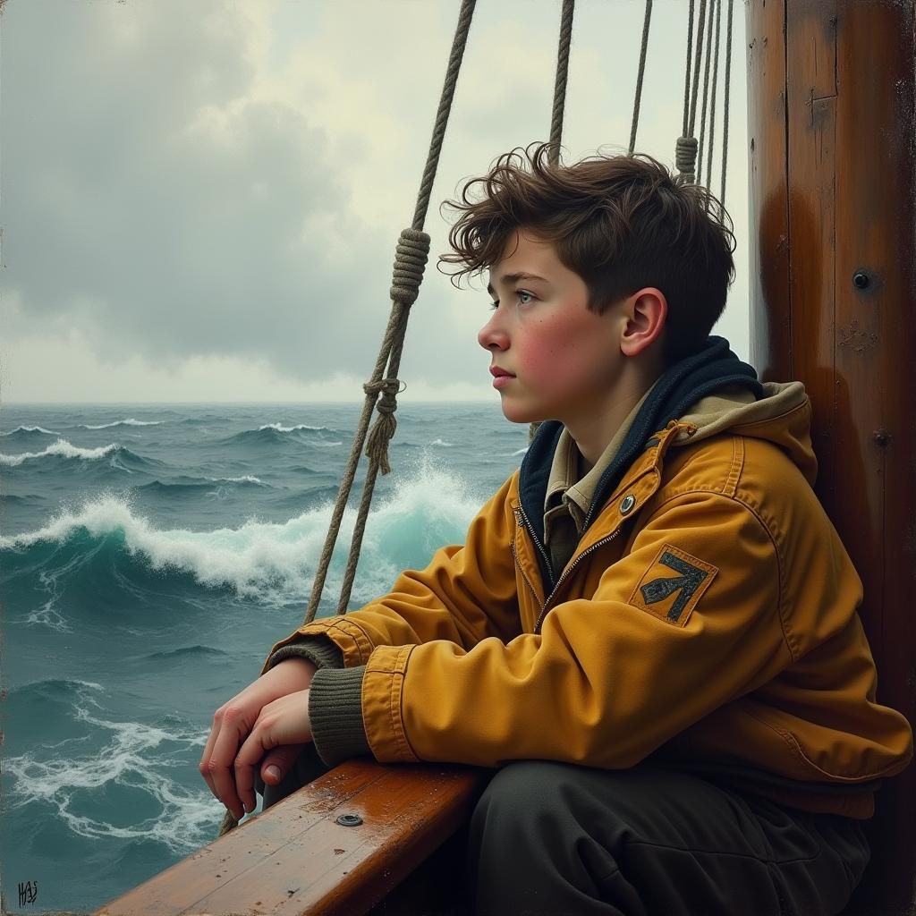 Boy and Captain Gaze at Stormy Atlantic Horizon