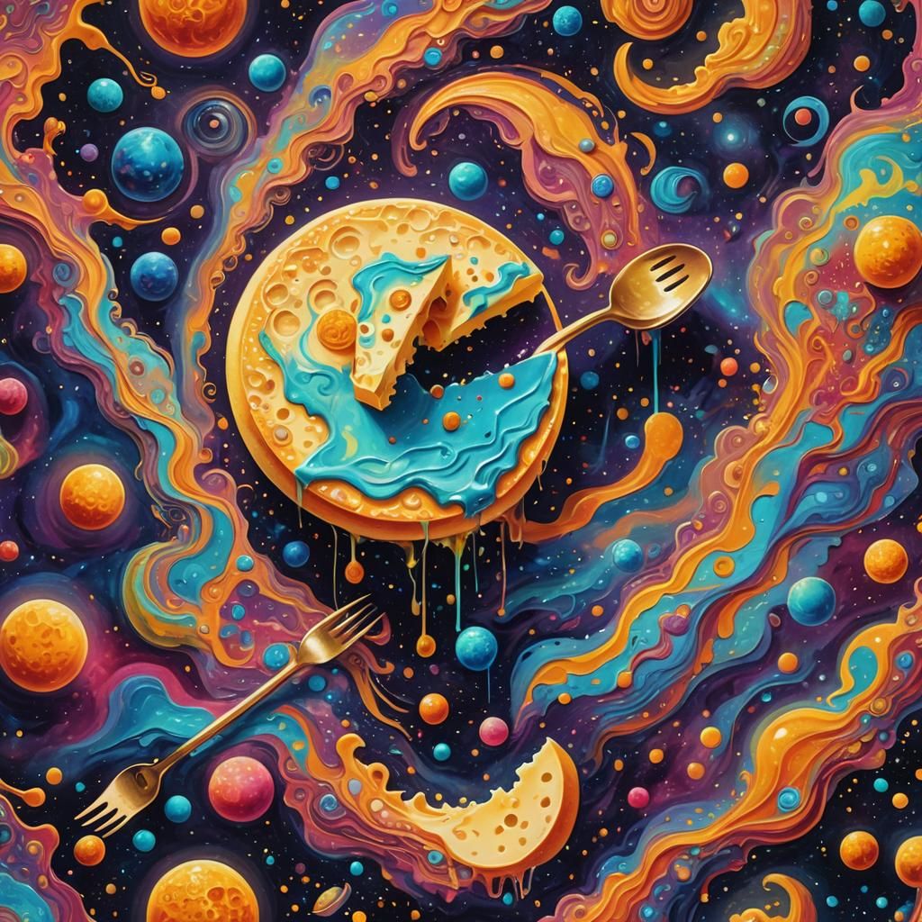 Cosmic Moon Cheese Slice in Space, Surreal Illustration